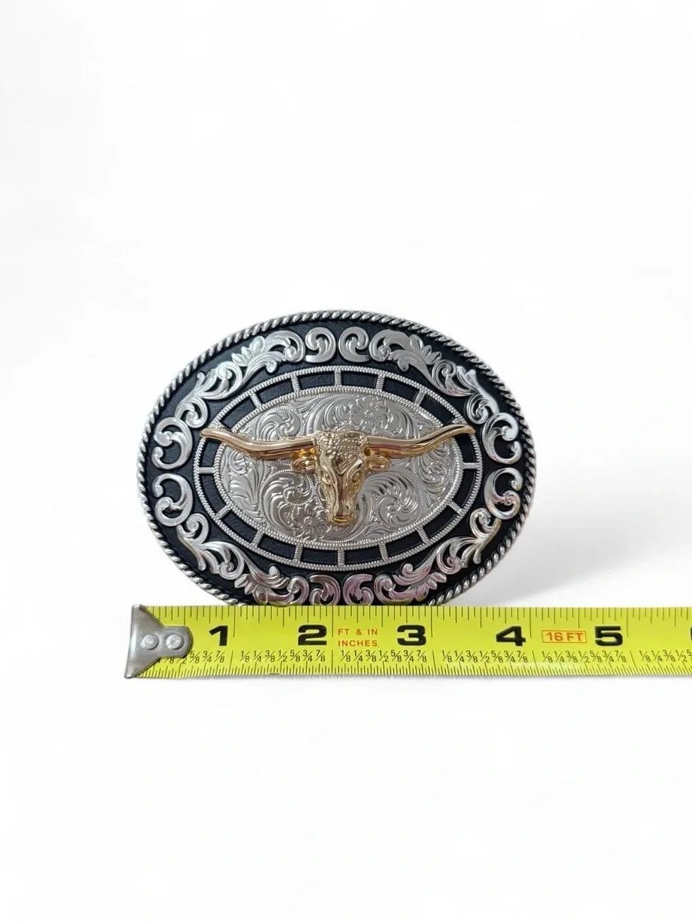 Western Longhorn Oval Belt Buckle in Silver and Gold